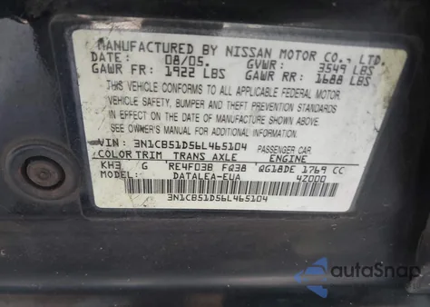 2006 Nissan Sentra 1.8S z USA, uszkodzony, nr VIN 3N1CB51D56L465104